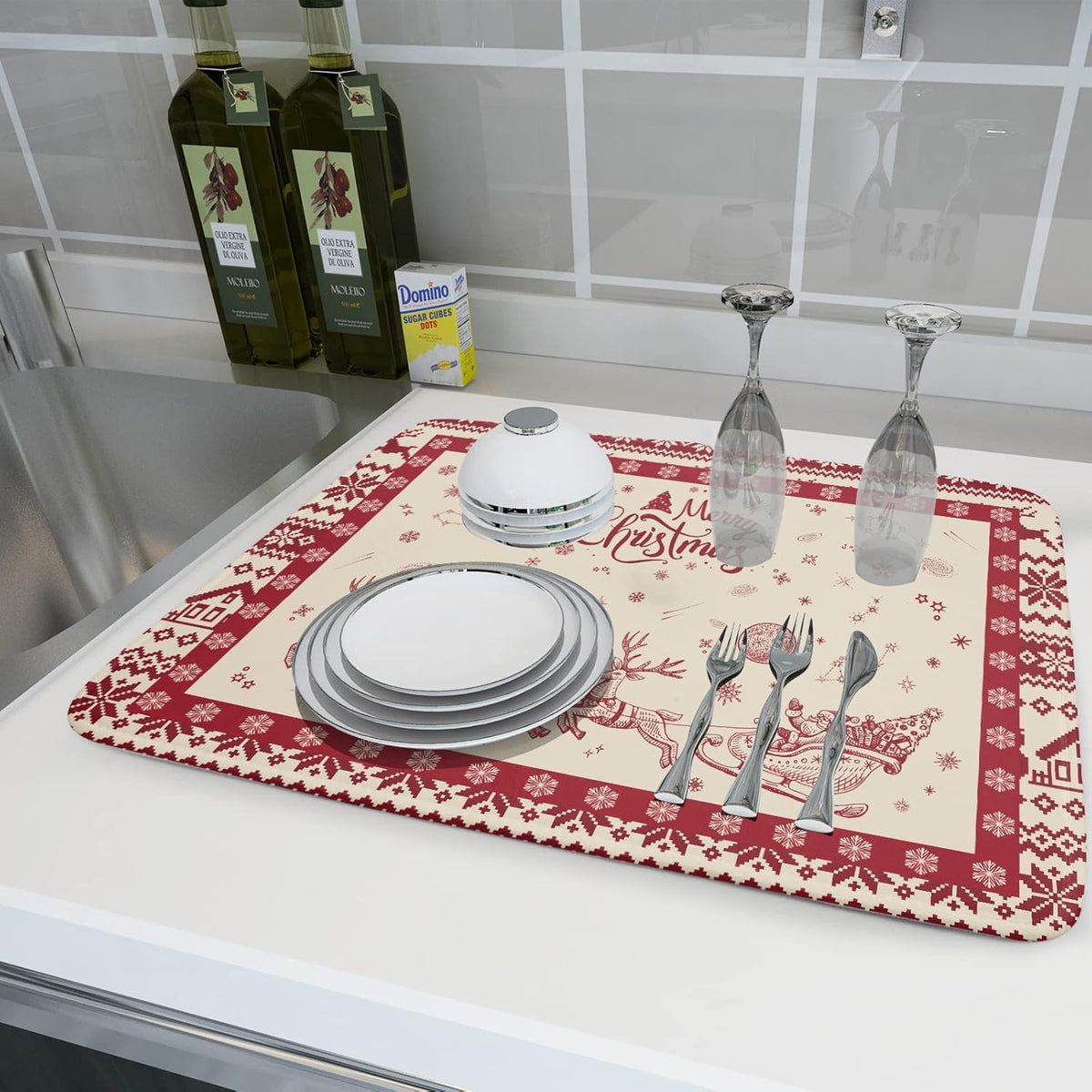 Christmas Moose Dish Drying Mat 18x24 for Winter Santa Claus Kitchen Counter Decor Absorbent Reversible Microfiber Deers Animal Dishes Pad Dish Drainer Rack Mats Kitchen Accessories