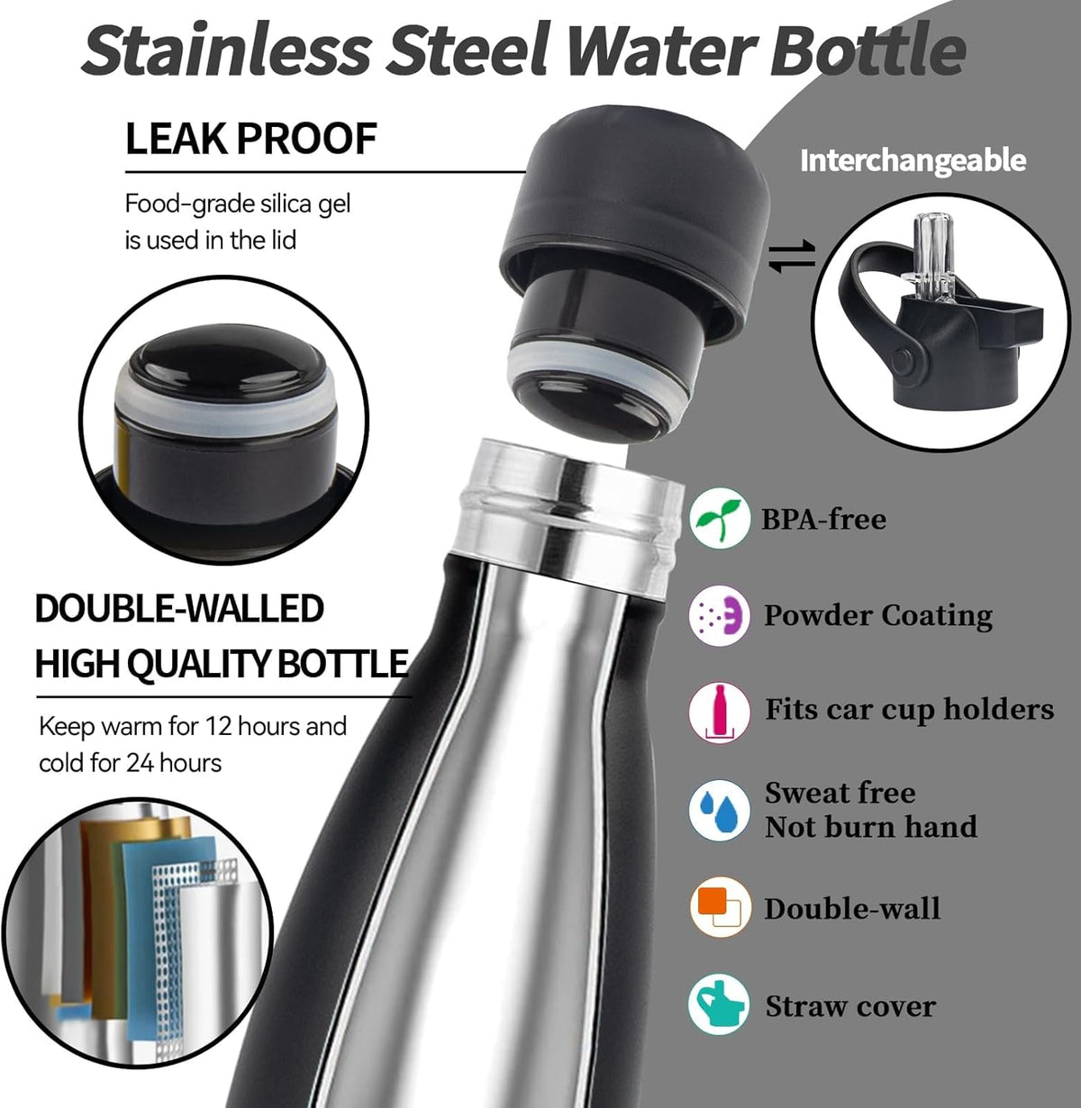 Insulated Water Bottle,2 Pack-9oz Stainless Steel Water Bottles with straw lid,Metal Sports Thermos Water Bottles for Boys,Girls,Double Wall Vacuum BPA-Free Flask for School, Sports & Travel-Black