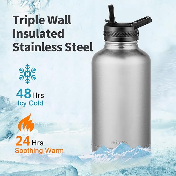 64 oz Insulated Water Bottle with Straw (Cold for 48 Hrs), Half Gallon Stainless Steel Triple Wall Vacuum Sports Water Jug, Leakproof Hydro Cup Flask with Straw Spout Lids & DIY Stickers