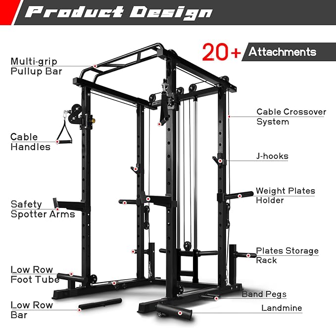 RitFit Multi-Function Squat Rack Power Cage PPC03 with Cable Crossover System, 1000LBS Capacity Power Rack and Packages with Optional Weight Bench, Barbell Weight Set, for Garage Workout & Home Gym