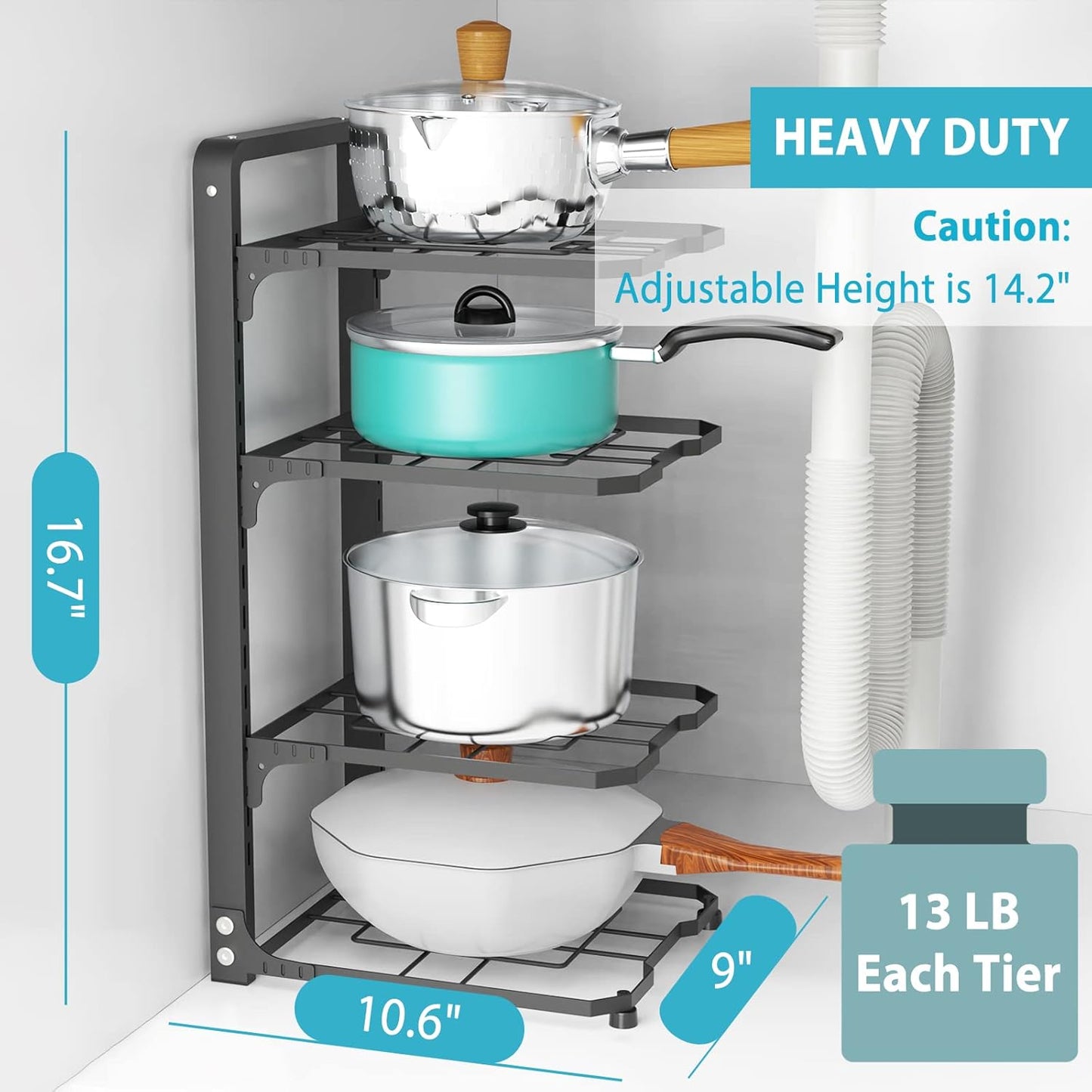 2 Pack Pot and Pan Organizer Rack, Heavy Duty Carbon Steel, Adjustable Tiers, Rustproof, Space Saver