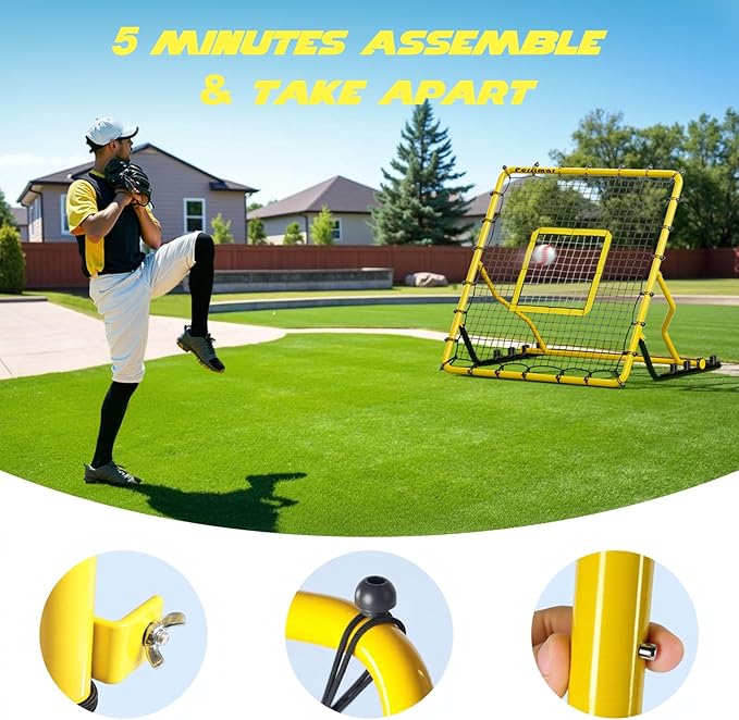 Baseball Rebounder Net,4x4.5FT Multi-Sport Pitch Back Rebounder Steel Frame with 4 Adjustable Angles, 40pcs Bungees Soccer, Volleyball&Lacrosse Trainer for Solo Fielding,Pitching and Reflex Training