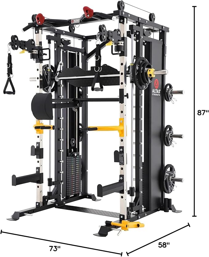 Altas Strength Light Commercial Smith Machine Home Gym with Pulley System Squat Rack Pull-Up Bar Total Body Cage Workout Equipment Tower Weight Lifting Leg Press Strength Training 3087B