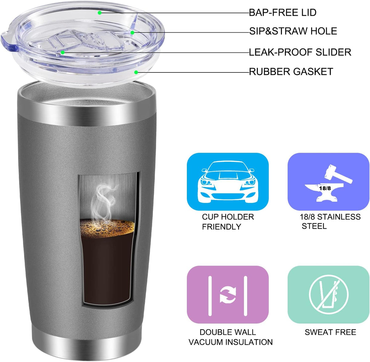 VEGOND 20oz Tumbler with Lid and Straw Stainless Steel Tumbler Cup Vacuum Insulated Double Wall Travel Coffee Mug Powder Coated Coffee Cup(Grey 1 Pack)