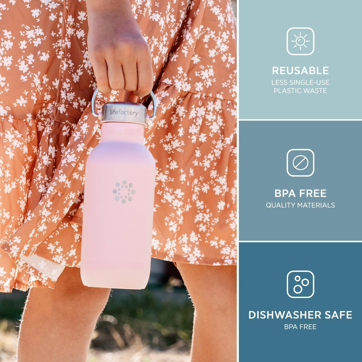 Lifefactory Stainless Steel Vacuum-Insulated Sport Bottle, 16 Ounce, Desert Rose