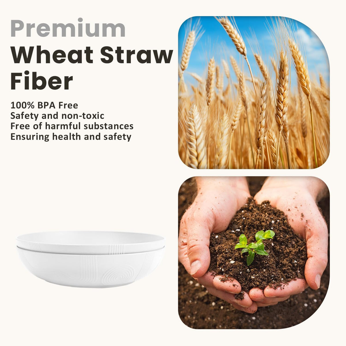 Homienly Wheat Straw Bowls,Large Salad Bowls Set of 2,Big bowls 60 OZ, Unbreakable Serving Bowls, Bowl Plates, Microwave & Dishwasher Safe Bowl Set for Outdoor, Kitchen, Serving, Camping (White)