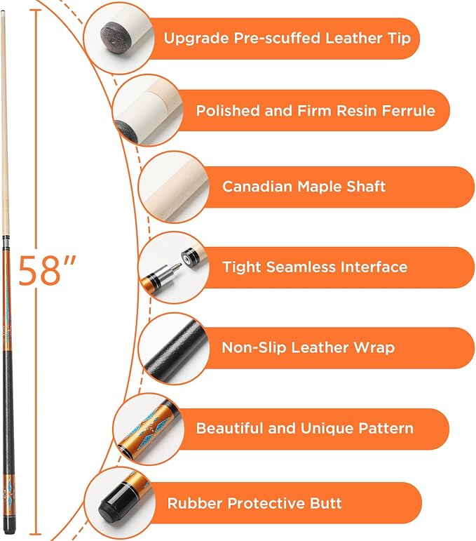 Billiard Cues Stick, 58" Pool Cues Canadian Maple Wood Leather Pattern Grip 18 19 20 21 oz Pool Cue Stick for Bar House Pool Table Sports