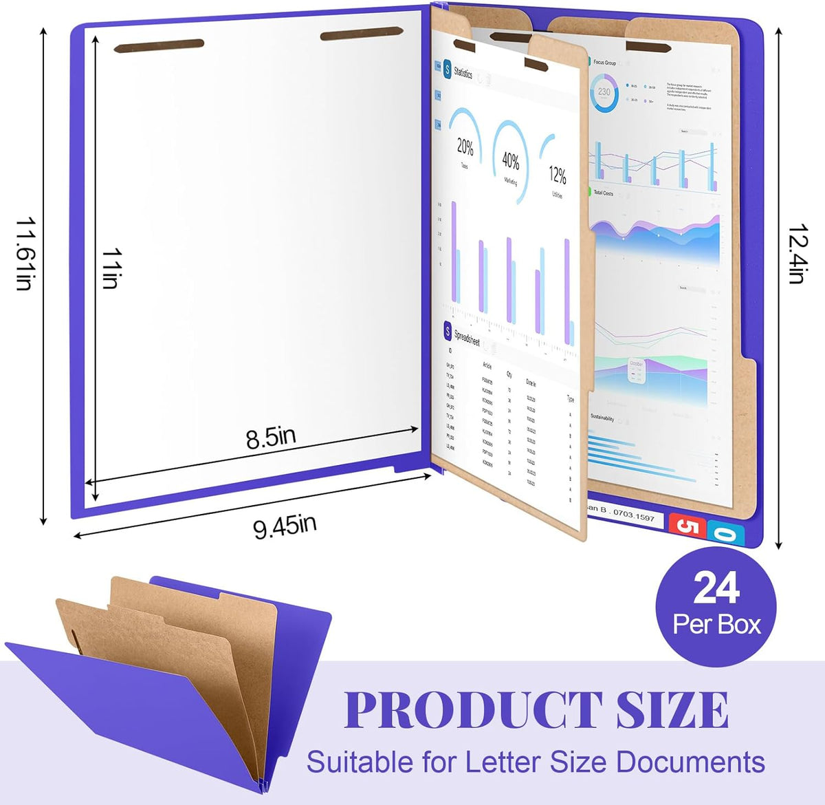 24 Pcs Classification Folders Letter Size, Back to School Supply for Teacher, Student, 2 Dividers Pressboard File Folder Bulk with Fasteners, 3.5 Inch Expanding File Organizer(Purple)