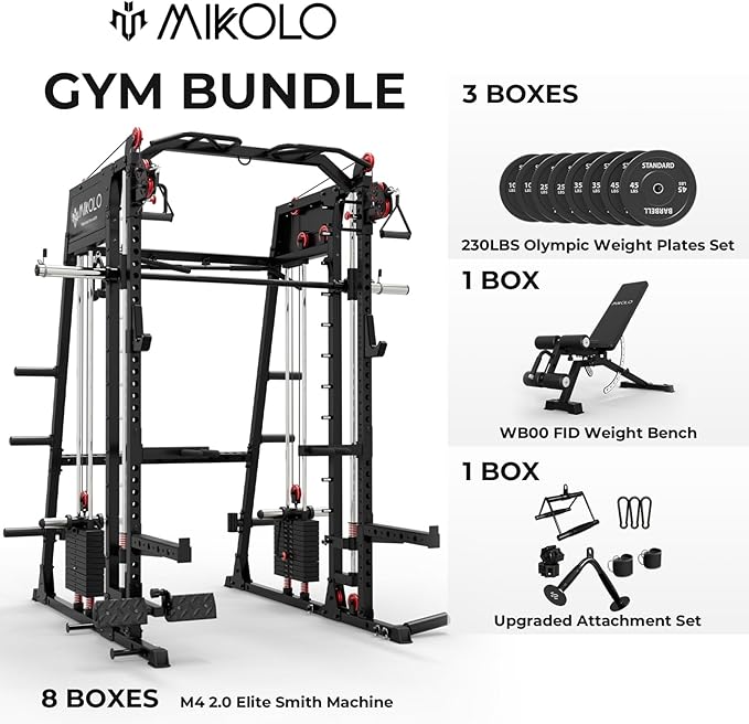 Mikolo Smith Machine, 2200lbs Squat Rack with LAT-Pull Down System & Cable Crossover Machine, Training Equipment with Leg Hold-Down Attachment