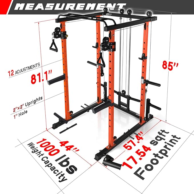 RitFit Power Cage with Optional LAT PullDown/Cable Crossover, 1000LB Squat Rack for Home & Garage Gym, with Weight Storage Rack and More Training Attachments, ASTM-Certified