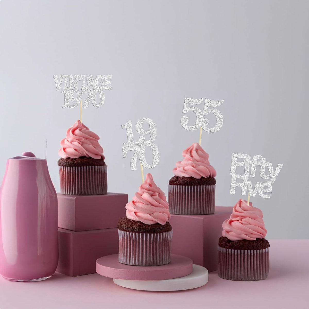 Gyufise 24Pcs 55th Birthday Cupcake Toppers Glitter Cheers to 55 Fabulous Fifty Five Vintage 1970 Cupcake Picks 55th Birthday Wedding Anniversary Party Cake Decorations Supplies Rose Gold
