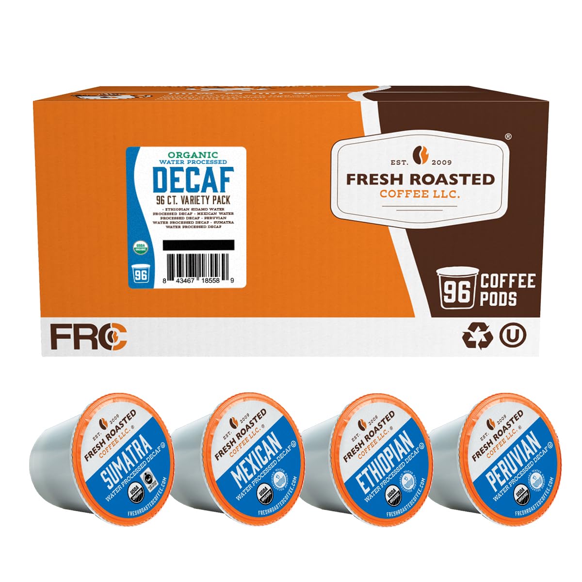 Fresh Roasted Coffee, Organic Water-Processed Decaf Variety Pack | USDA Organic, Kosher | K-Cup Compatible, 96 Pods