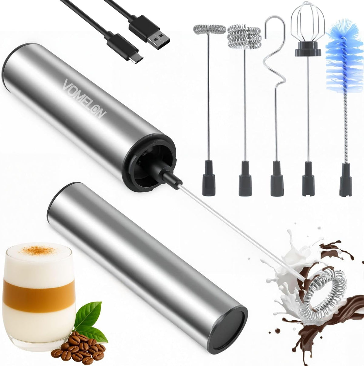 Rechargeable Milk Frother Handheld Electric Frother Wand Milk Foamer Drink Mixer for Coffee, Lattes, Cappuccino, and Egg, Stainless Steel for Travel-Silver