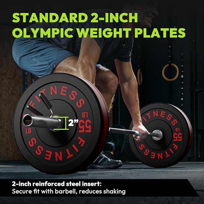 Bumper Plates 2 - Inch Olympic Weight Plate Set for Barbell, 10-55 lb Rubber Weights Sets for Home Gym, Strength Training Plate, Weight Lifting, Black