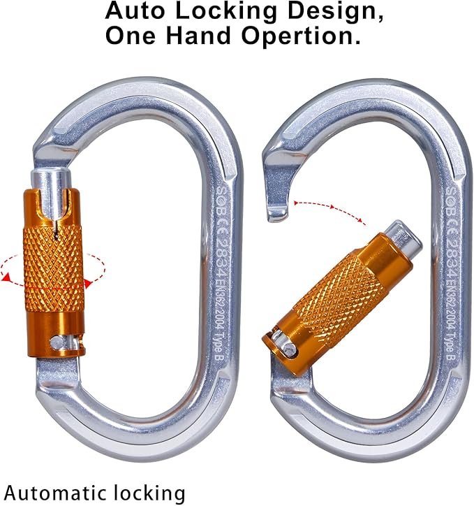 Auto Locking Rock Climbing Carabiner Clips, Heavy Duty Asymmetrical Carabiner Connector Used for Rappelling Rescue Outdoor Climbing, Mountaineer, Hammock, Camping