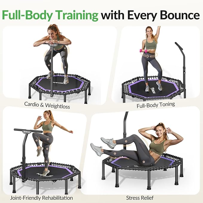 BCAN 51" Octagonal Mini Trampoline, Max Load 450 LBS Fitness Trampoline with T-Adjustable Handle Bar, Silent Bungees, Larger, More Stable, Quieter Exercise Rebounder for Adults Indoor/Garden Workout