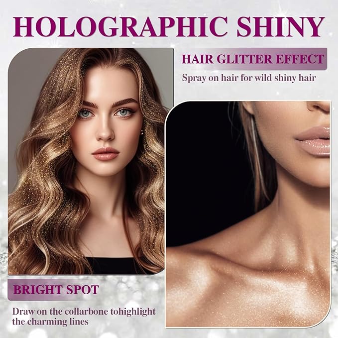 Body Glitter Spray for Hair and Body (2x5.14 Fl Oz), Shiny Glitter Spray for Clothes, Long-Lasting and Quick-Drying Holographic Glitter Hairspray for Kids Women, Stage, Festival Rave and Makeup Prom