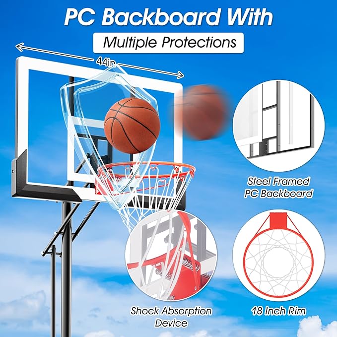 Basketball Hoop Outdoor 44 Inch Shatterproof Backboard 4.8-10ft Height Adjustable Portable Basketball Hoop Goal System for Kids Youth Adults Play in Backyard/Courts/Indoor