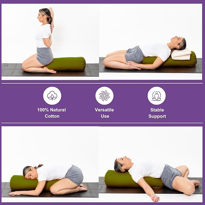 Yogikuti Iyengar Yoga Bolster for Restorative Yoga and Meditation – Lightweight Cotton Support Pillow with Handle for Easy Carry, Versatile for Pose Modification, Balance, Back Relief, and Relaxation