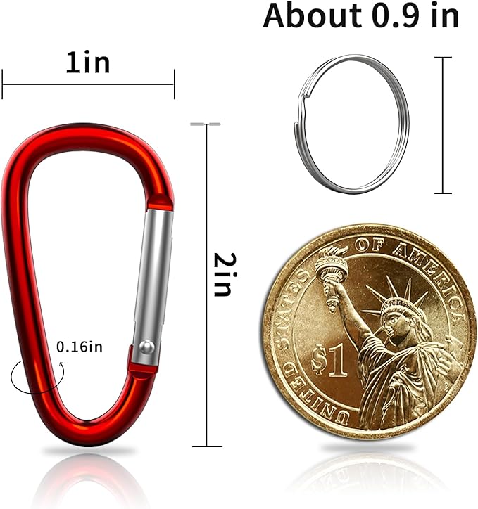 30PCS Aluminum Carabiner Clips, 2" D Shape Spring Snap Hooks Carabiner with 30PCS Keyring Keychain Hook