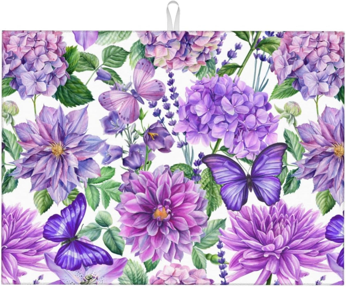 Purple Hydrangea Flowers Dish Drying Mat,Butterfly Floral Drying Rack Pad Countertop Dishes Ultra Absorbent Microfiber Kitchen Counter Mat for Coffee Countertop Decor 18x24 Inch