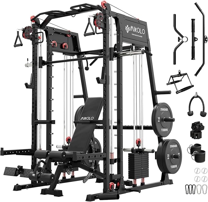 Mikolo Smith Machine, 2200lbs Squat Rack with LAT-Pull Down System & Cable Crossover Machine, Training Equipment with Leg Hold-Down Attachment