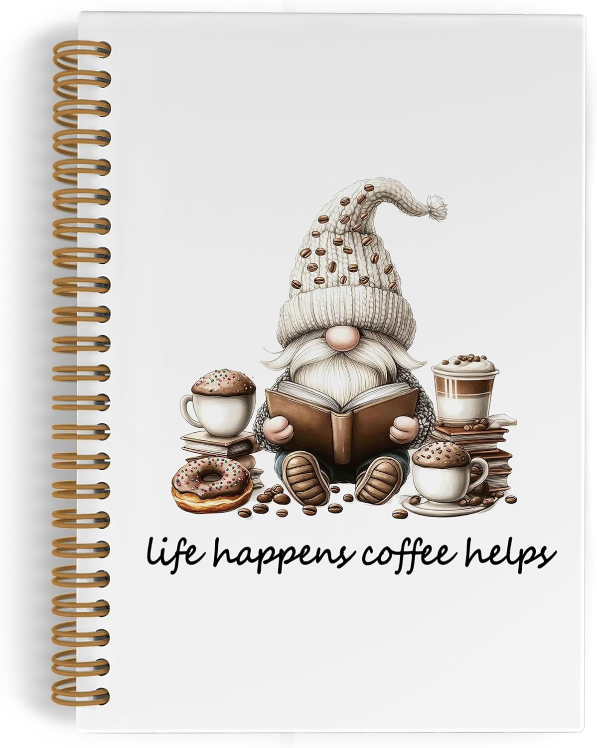 Funny Coffee Gnomes Spiral Notebook, Coffee Lovers Gifts Journal Notebook, Gnome Gifts Notebooks for School Work, Life Happens Cafe Helps Office Supplies Gifts for Women Men, 5.5x8.3 Inch