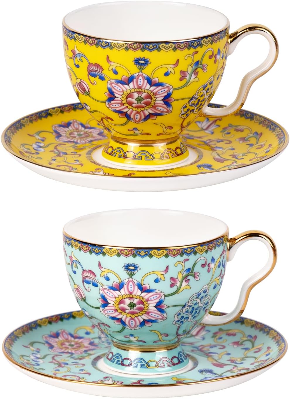 KAMMAK Tea Cups and Saucers Set of 2, Porcelain Coffee Cups with Saucer for Espresso, Cappuccino, 7.5oz Vintage Yellow and Blue Ceramic Demitasse Mug for Home, Tea Party, Office