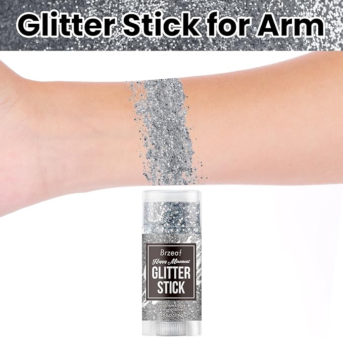 Brzeaf Silvery Body Glitter Stick, Waterproof & Long Lasting, Hair Eyeshadow Face Body Glitter, Singer Concert Music Halloween Rave Festival, Glitter Stick Makeup & Face Glitter Gel