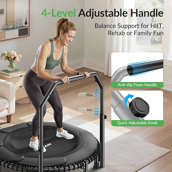 BCAN 40"/48" Rebounder Trampoline for Adult, 450/550LBS Fitness Trampoline with Bungees, Adjustable Handle, Stable & Quiet, Indoor Outdoor, Whole-Body Workout & Relaxation at Home for Women/Men