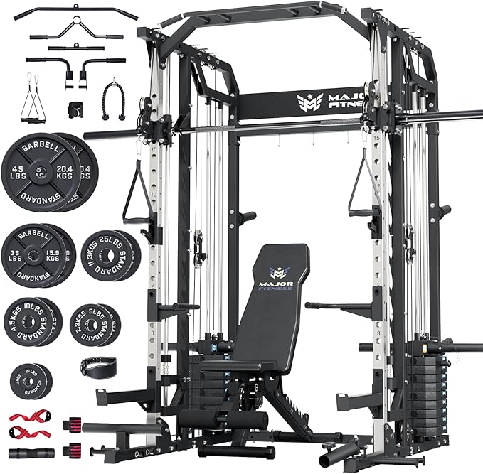 Major Fitness Drone2 Advanced Training Smith Machines– All-in-One Home Gym Squat Rack with Aluminum Pulley Set , Weight Bar, Dual LAT Pull-Down Systems & Cable Crossover Machine for Full-Body Workouts