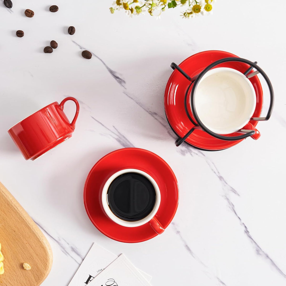 8oz Porcelain Stackable Cappuccino Cups with Saucers and Metal Stand Set of 4, Coffee Cups for Espresso, Specialty Coffee Drinks, Latte, Americano and Tea - Red