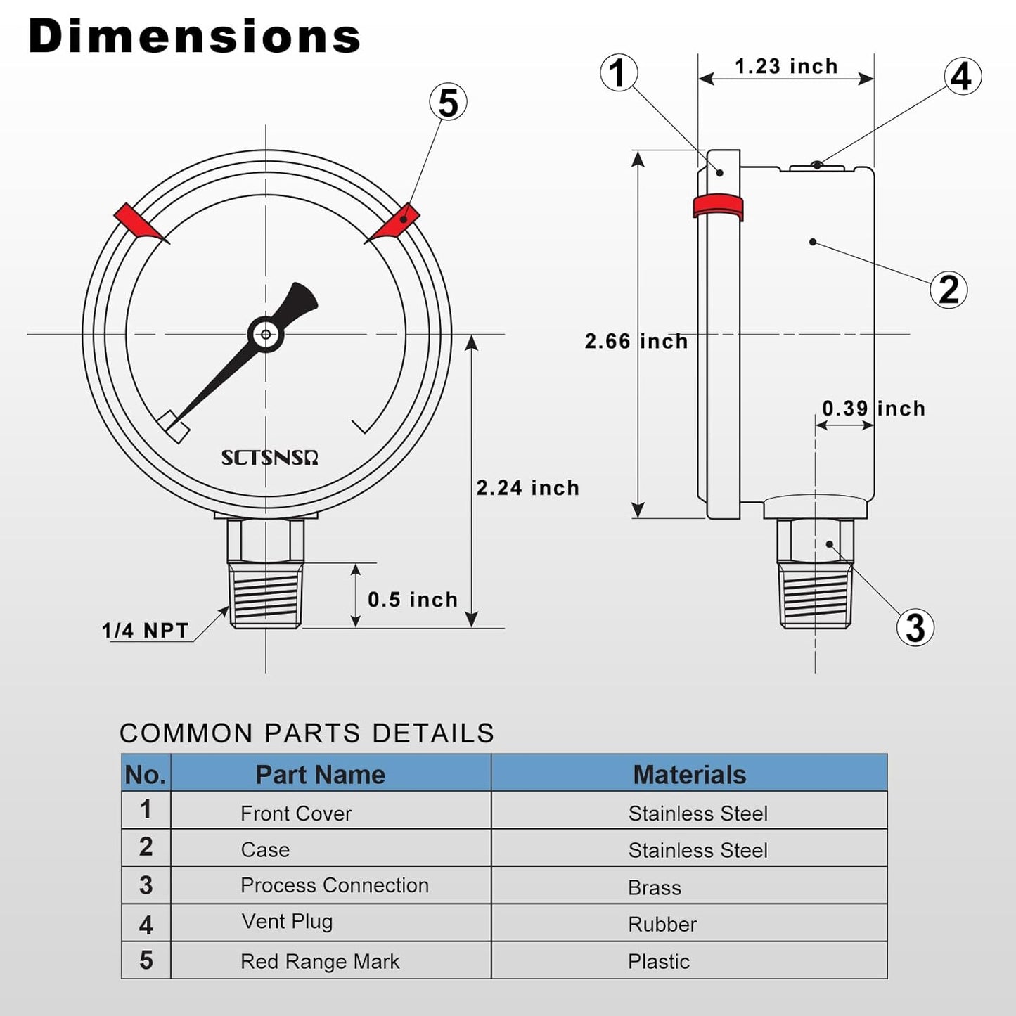 0 to 200 Psi Pressure Gauge, Glycerin Liquid Filled, 2.5 inch Dial, 1/4" NPT Lower Mount, Stainless Steel Case, for Air Compressor, Shock, Water System, Well Pump, Tank, Pipe, Pressure Test