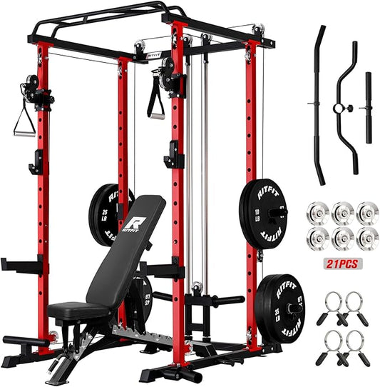 RitFit Power Cage with Optional LAT PullDown/Cable Crossover, 1000LB Squat Rack for Home & Garage Gym, with Weight Storage Rack and More Training Attachments, ASTM-Certified