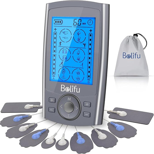 Belifu Dual Channel TENS EMS Unit 24 Modes Muscle Stimulator for Pain Relief Therapy, Electronic Pulse Massager Muscle Massager with 10 Pads, Dust-Proof Drawstring Storage Bag, Fastening Cable Ties
