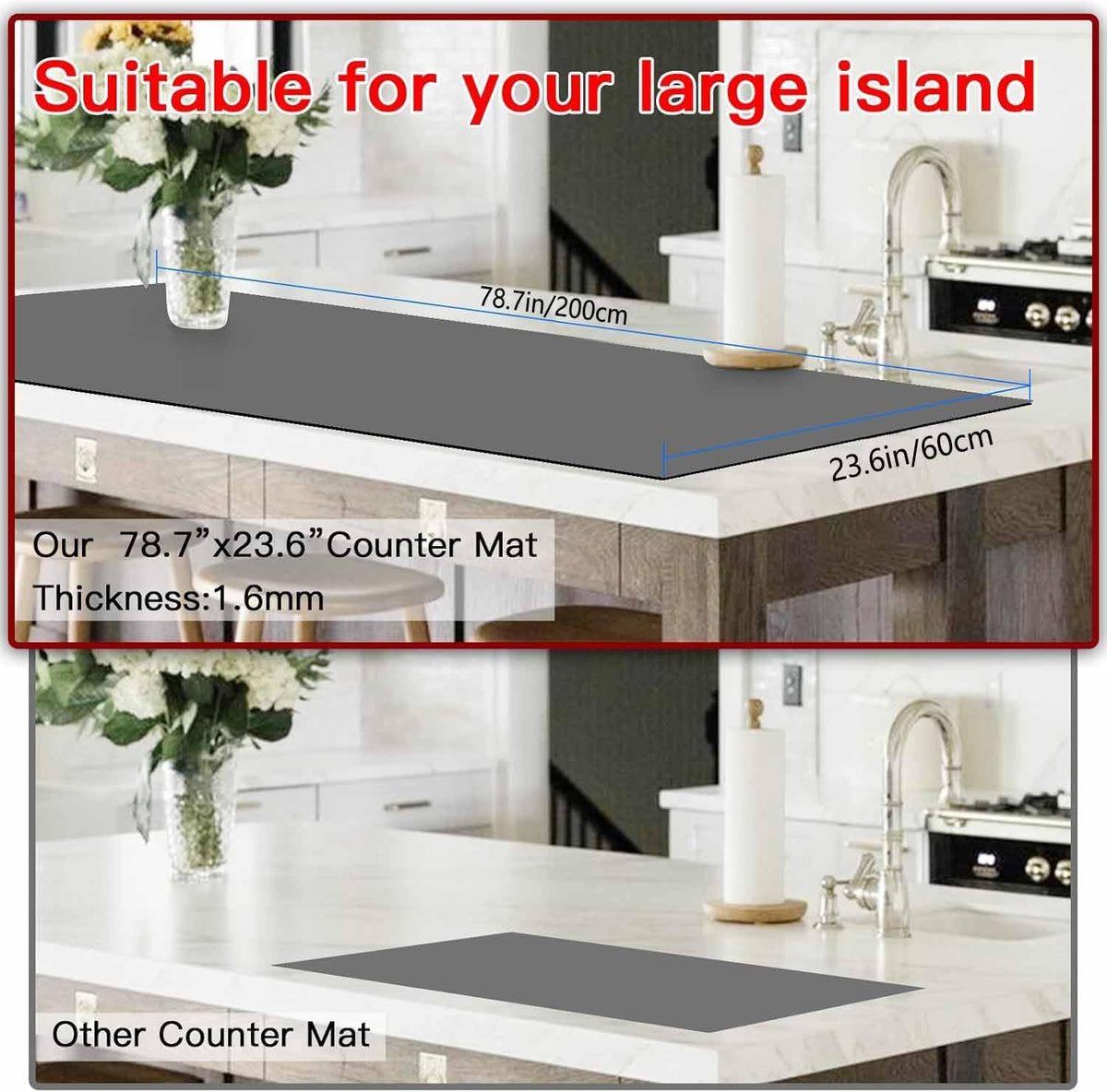 Silicone Mats for Kitchen Counter, 78.7''x 23.6'' (200cmx60cm) Largest Heat Resistant Counter Mat Kitchen Island Waterproof Thicken Non-slip Countertop Protector Mat, Dark Gray