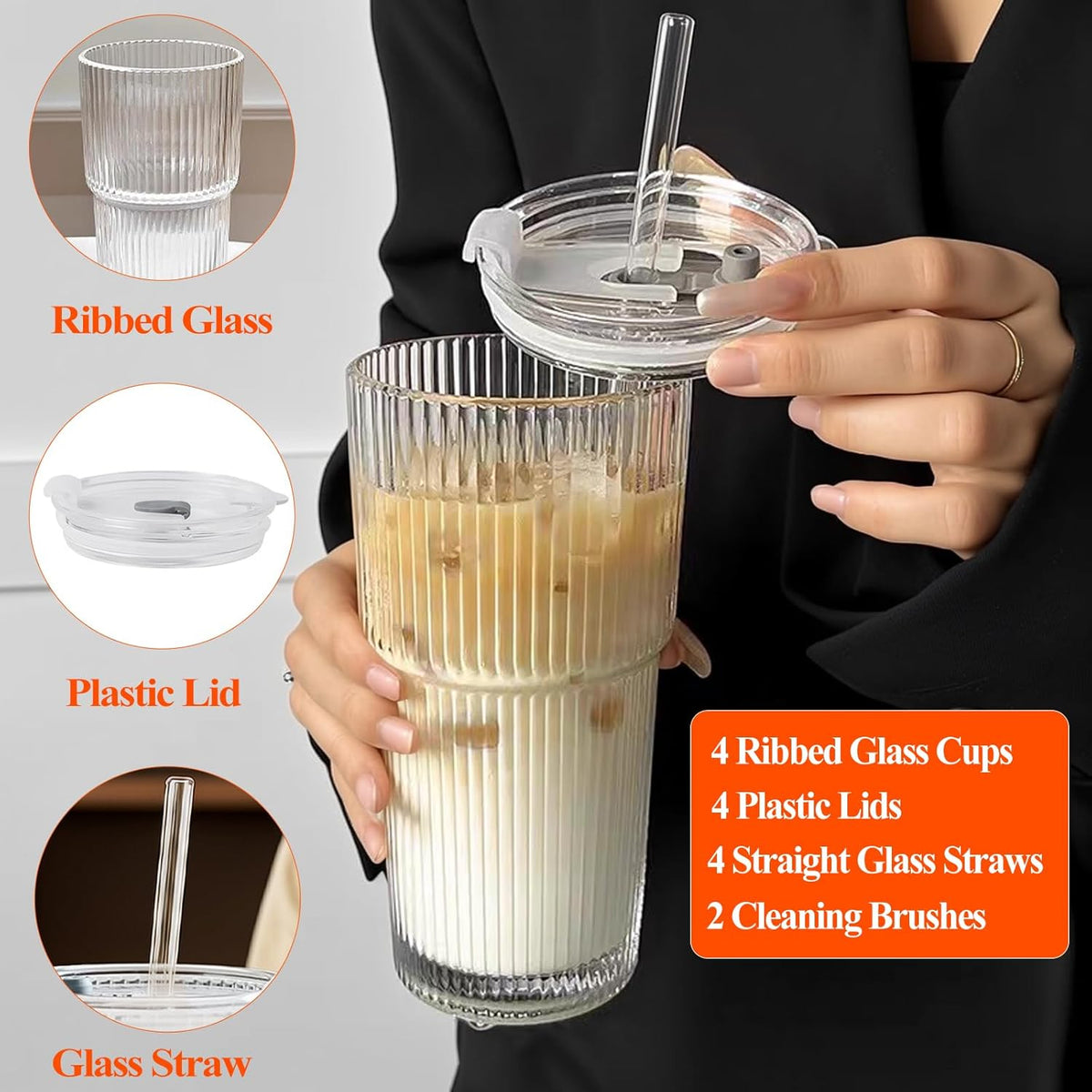 20 oz Ribbed Glass Tumblers with Lids and Straws – Set of 4 Thickened Glassware, Elegant Durable Ribbed Drinking Glasses Bulk for Iced Coffee Cups, Cocktails, Smoothies, Juice, Hot or Cold Beverages