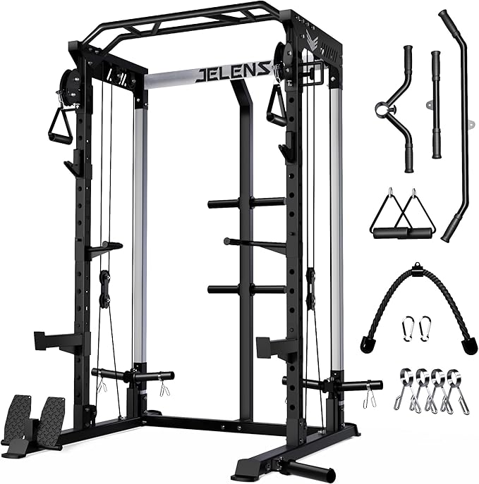 Power Cage, 2000LBS Multi-Function C21 Power Rack with Dual Pulley Cable Crossover System, All-in-One Squat Rack with More Training Attachments