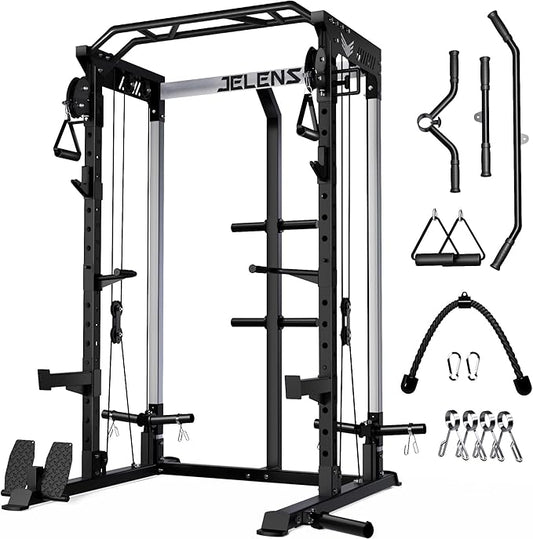 Power Cage, 2000LBS Multi-Function C21 Power Rack with Dual Pulley Cable Crossover System, All-in-One Squat Rack with More Training Attachments