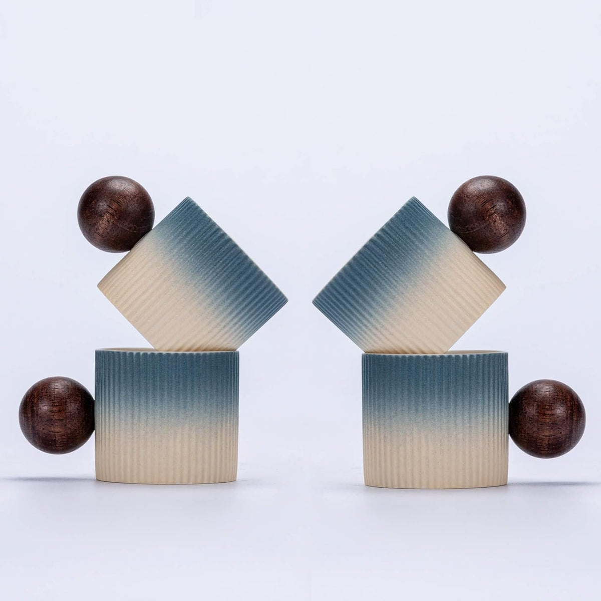 Ceramic Mini Espresso Cups Demitasse Cups with Round Wooden Handle Vertical Stripes Tea Cups (Beige&Blue, 4pcs)