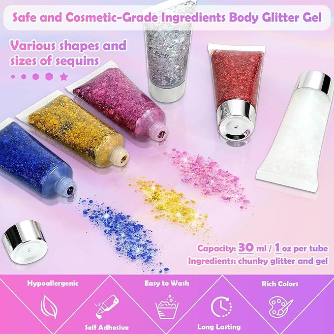 6 Colors Body Face Glitter Gel for Skin and Hair, Makeup Sparkles Rave Accessories for Festival Outfits, Mermaid Decorations, Disco Cowgirl, Mardi Gras
