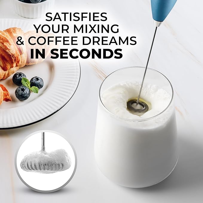 Zulay Kitchen Powerful Milk Frother Wand - Ultra Fast Handheld Drink Mixer - Electric Whisk Foam Maker for Coffee, Lattes, Cappuccino, Frappe, Matcha & Coffee Creamer - Milk Boss Metallic Ice Blue