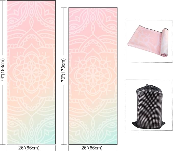 QiyI Yoga Mat Towel with Corner Pockets, Non Slip Sweat Absorbent Hot Yoga Towels, Soft Yoga Blankets with Travel Bag, Skidless Mat Cover for Workout, Gym, Fitness - 70"x26", Dreamy Pink Mandala