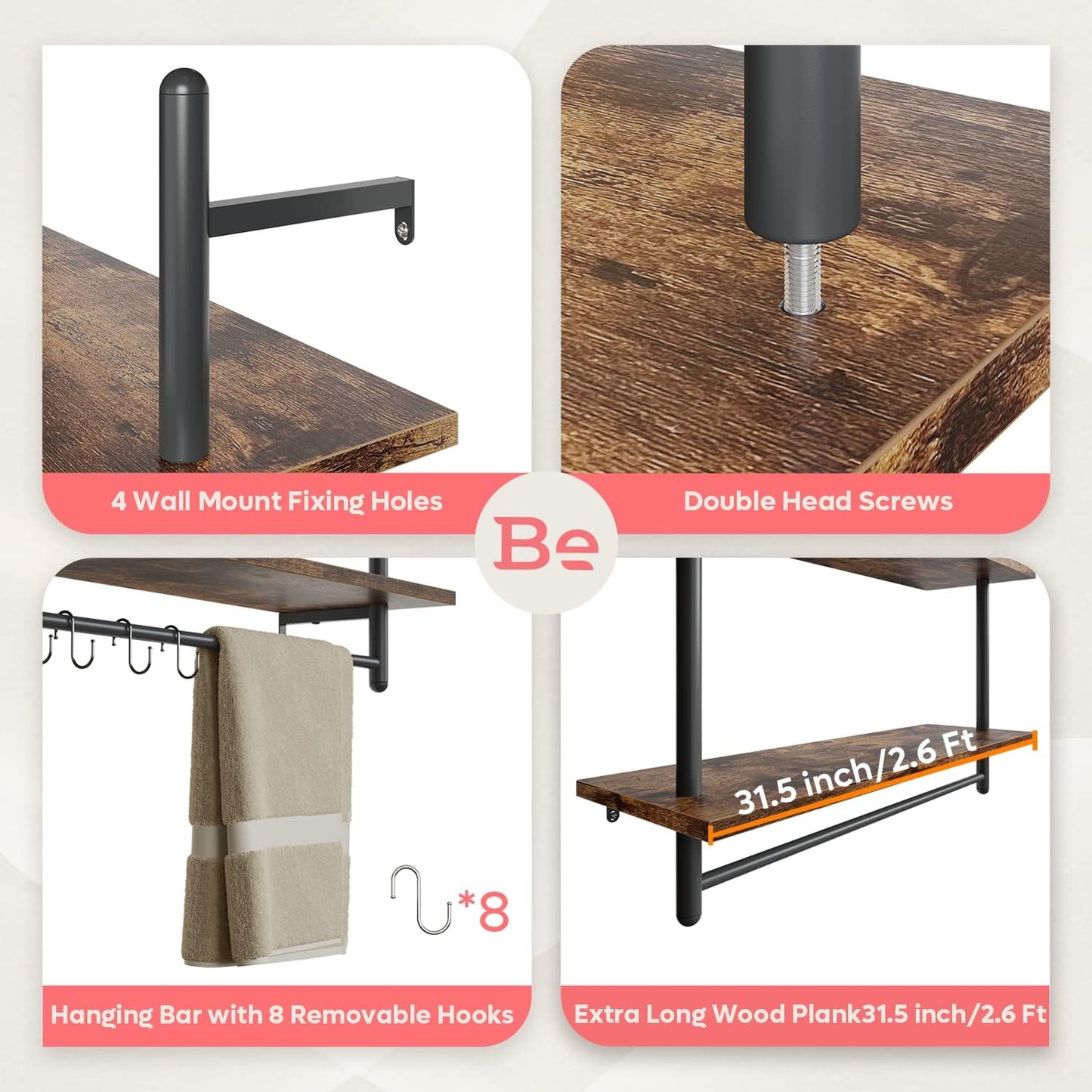 Bestier Pipe Shelf Industrial Floating Shelving 31" Kitchen Wall-Mounted Shelf with Towel Bar Hooks Coffee Bar Shelves Wine Hanging Display Rack Bookshelf Living Room Decor Bathroom-Rustic Brown