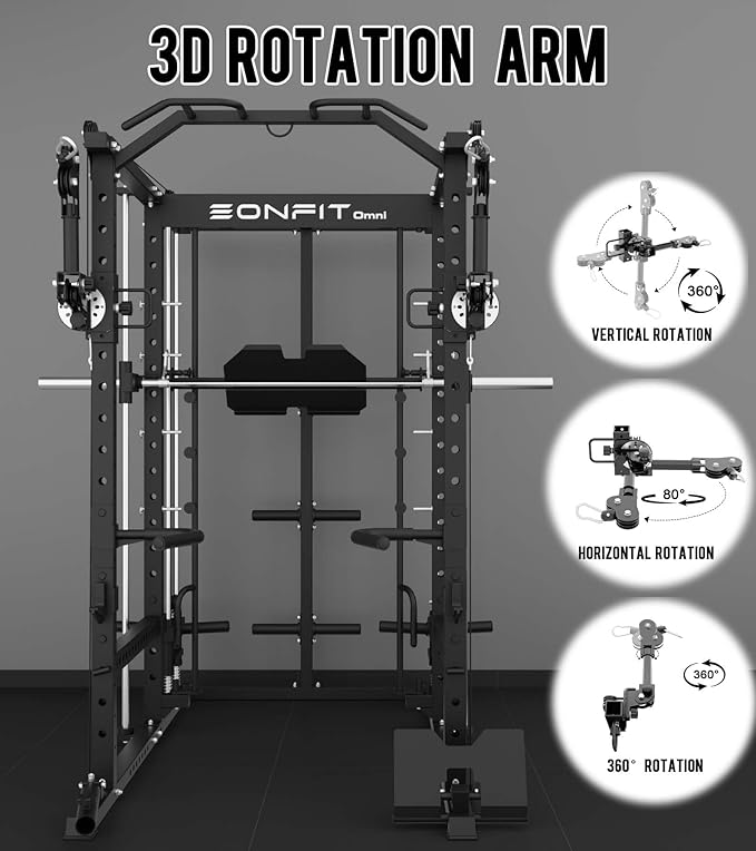 Eonfit E5 Smith Machine with Vertical Leg Press, Power Cage Squat Rack with LAT-Pull Down Cable Crossover Rotating Arms System Home Gym Equipment All in One (E5 RED)