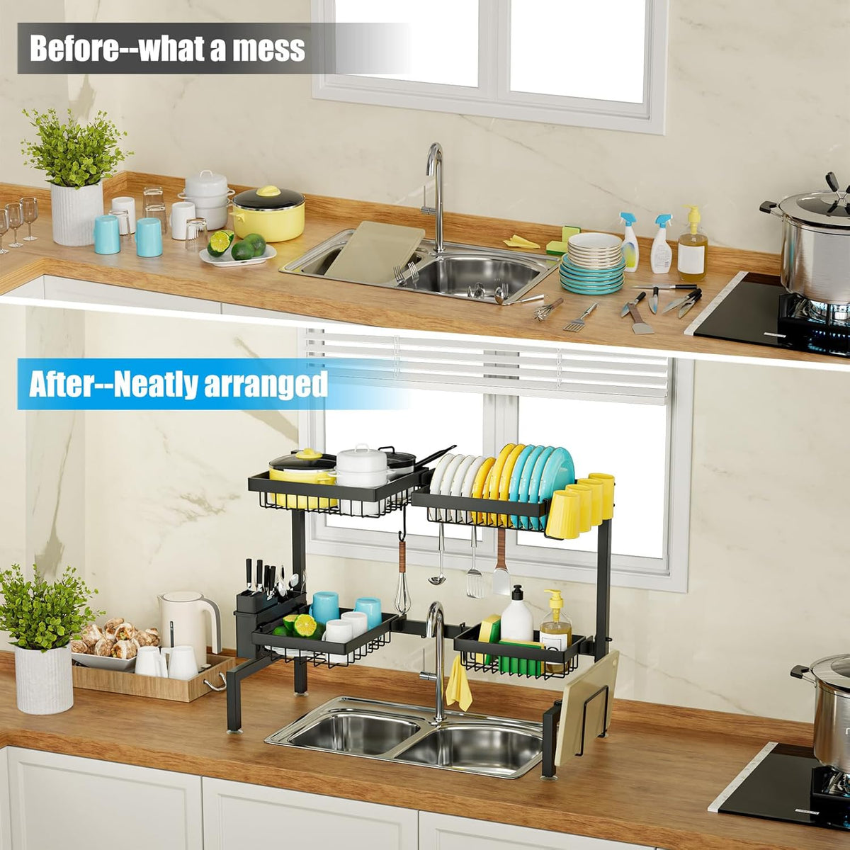 SNSLXH［2-Tier 4 Baskets］Over The Sink Dish Drying Rack, 24.8"-35.4", Large Sink Rack for Kitchen, Extensible and Adjustable, Saving Kitchen Space