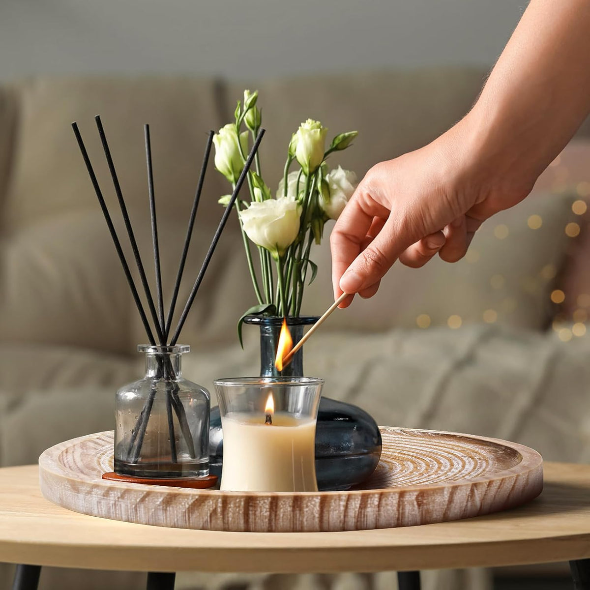 Rustic Wooden Serving Tray Set of 2 Round Wood Decorative Tray Centerpiece Dining Room Table Farmhouse Platter for Food, Fruit, and Coffee Great for Bed, Patio, Ottoman, Coffee Table, Kitchen or Party