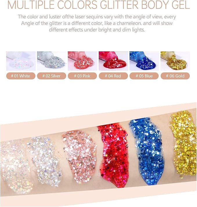 6PCS Red Face Body Glitter Gel，Holographic Chunky Sequins Body Glitter Paint for Party Singer Concerts Music Festival Rave Accessories for Girls Women Face Body DIY Sparkling Makeup