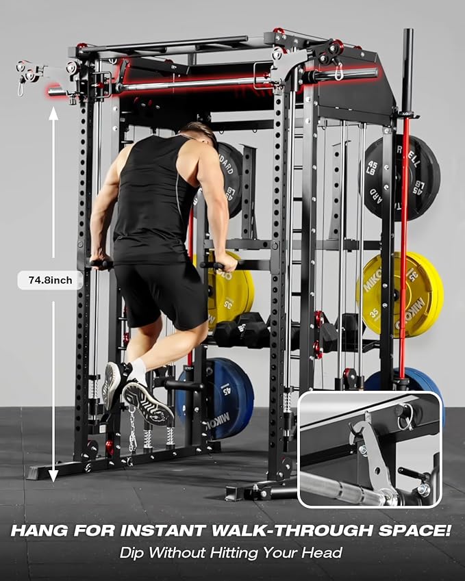 Mikolo Smith Machine, Multi-Function Power Cage with Dual Pulley System, Vertical Leg Press Attachment, Squat Rack Power Rack with More Training Attachment for Home Gym