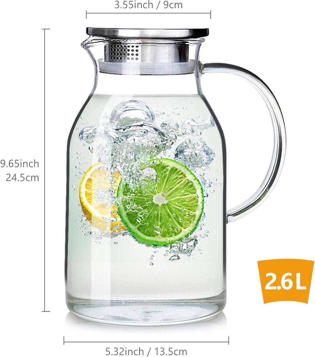 88oz Glass Pitcher with Lid and Handle - High Heat Resistance Glass Water Pitcher for Hot/Cold Water & Iced Tea (2.6L)